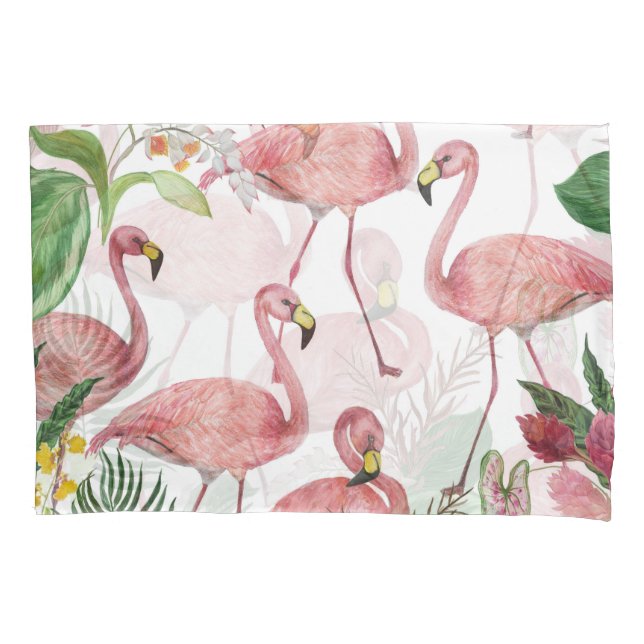 Flamingo Tropical Leaves Watercolor Pattern Pillowcase (Front)