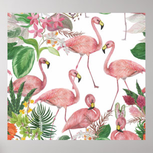 Flamingo Tropical Leaves Watercolor Pattern Poster