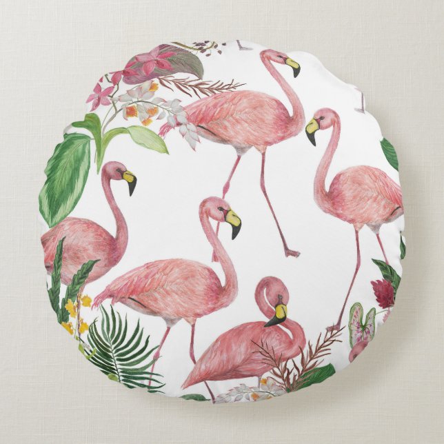 Flamingo Tropical Leaves Watercolor Pattern Round Cushion (Front)