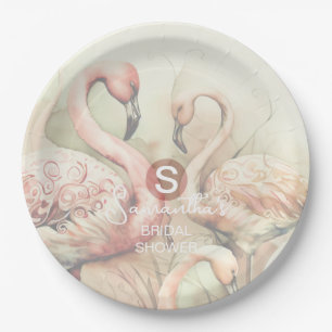 Flamingo Tropical Monogram Bridal Shower Wedding Paper Plate