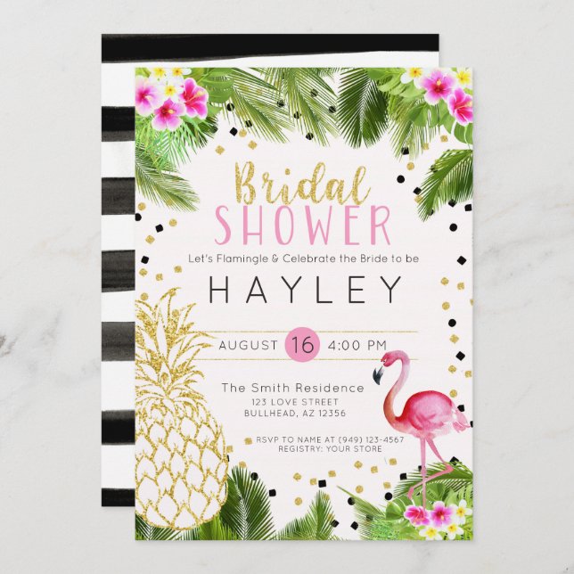 Flamingo Tropical Pineapple Bridal Shower Invite (Front/Back)