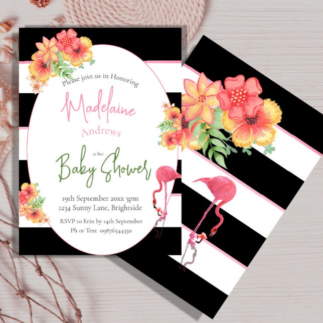 Flamingo Tropical  Pink Black Stripe Baby Shower Invitation (Creator Uploaded)