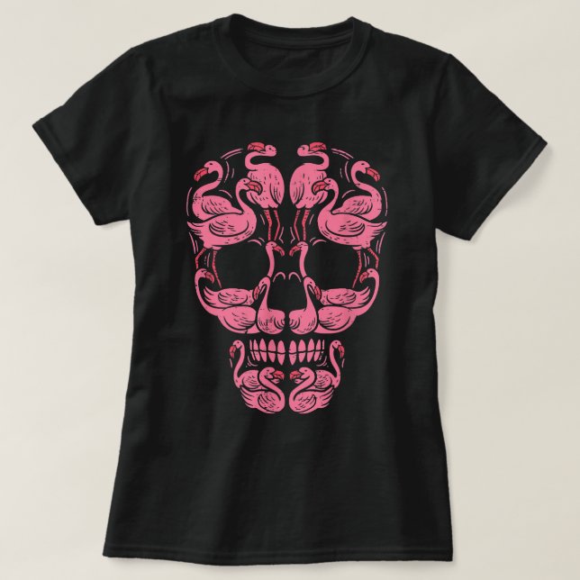 Flamingo Tropical Pink Flamingo Skull Breast Cance T-Shirt (Design Front)