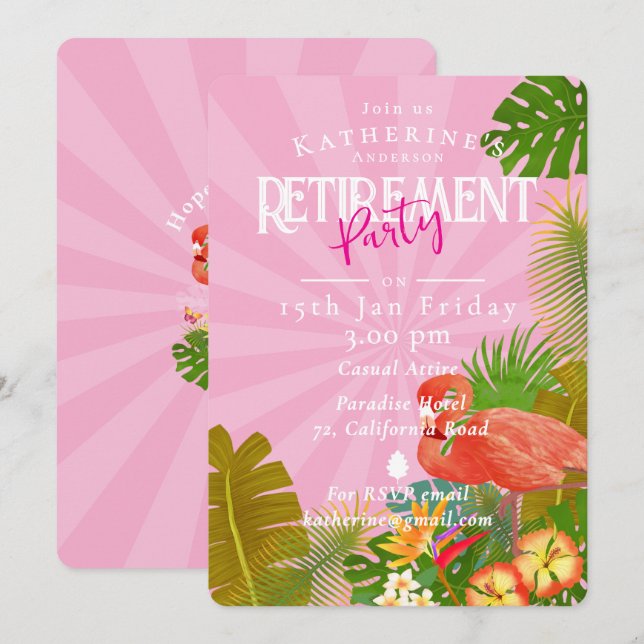 Flamingo Tropical Pink Retirement  Invitation (Front/Back)