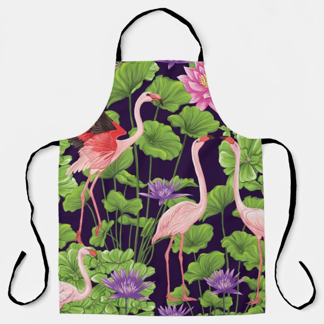 Flamingo, tropical plants, black background. apron (Front)