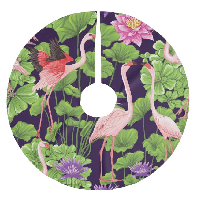 Flamingo, tropical plants, black background. brushed polyester tree skirt (Front)