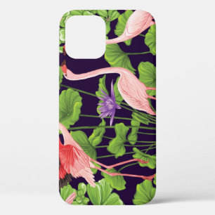 Flamingo, tropical plants, black background. iPhone 12 case