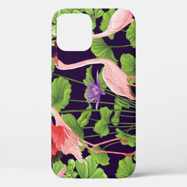 Flamingo, tropical plants, black background. Case-Mate iPhone case (Back)