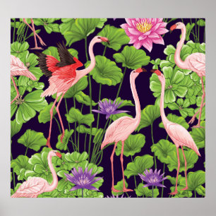 Flamingo, tropical plants, black background. poster