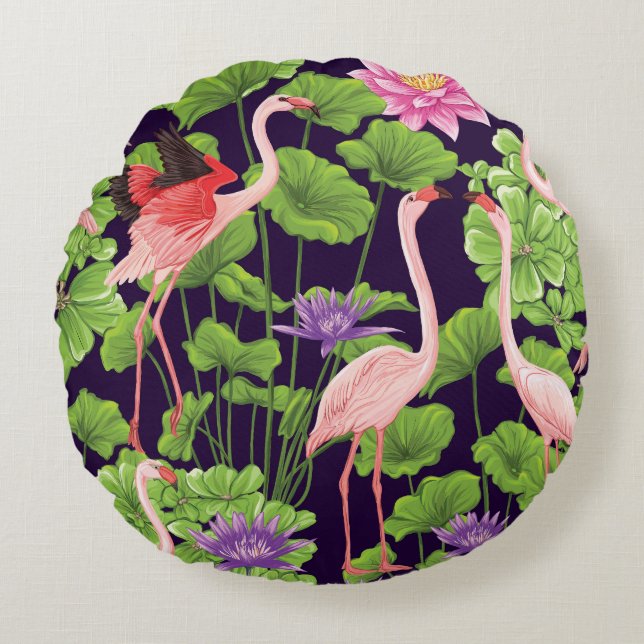 Flamingo, tropical plants, black background. round cushion (Front)