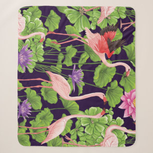 Flamingo, tropical plants, black background. sherpa blanket