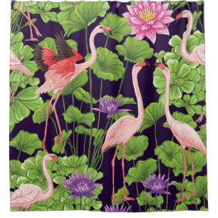 Flamingo, tropical plants, black background. shower curtain