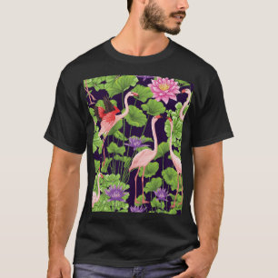 Flamingo, tropical plants, black background. T-Shirt