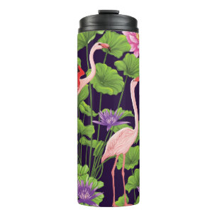 Flamingo, tropical plants, black background. thermal tumbler