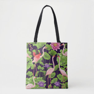 Flamingo, tropical plants, black background. tote bag