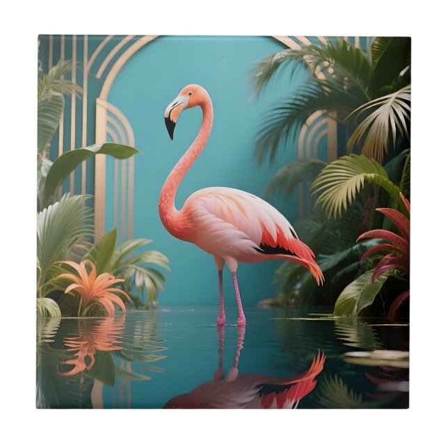 Flamingo Tropical Reflection Ceramic Tile (Front)