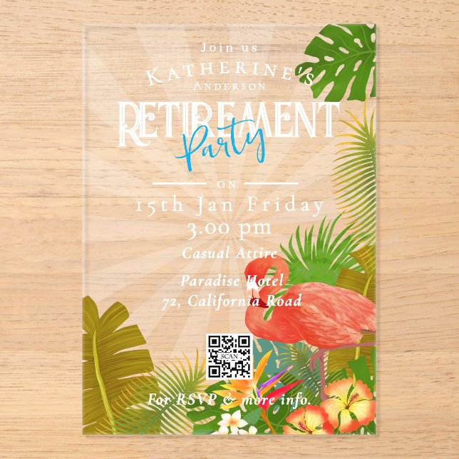 Flamingo Tropical Retirement Acrylic Invitations (Front)
