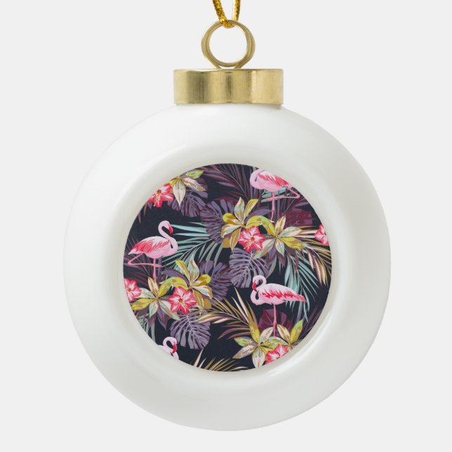 Flamingo Tropical: Summer Seamless Pattern Ceramic Ball Christmas Ornament (Front)