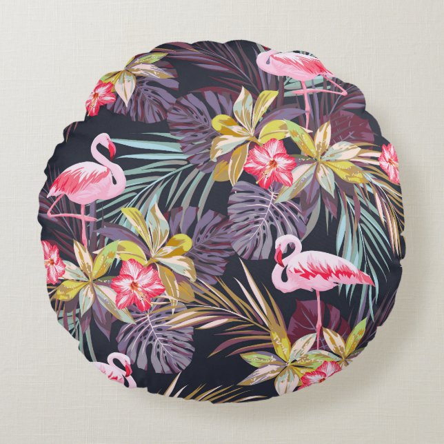 Flamingo Tropical: Summer Seamless Pattern Round Cushion (Front)