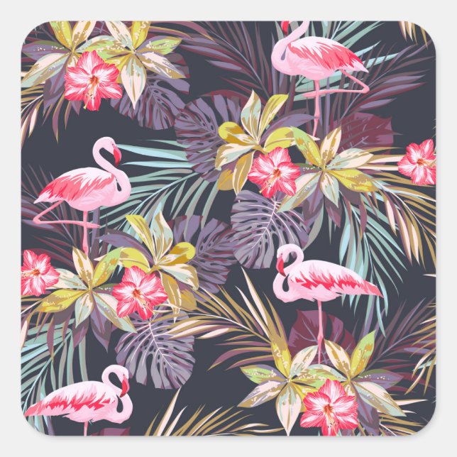 Flamingo Tropical: Summer Seamless Pattern Square Sticker (Front)