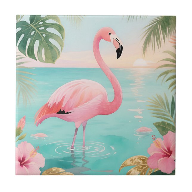 Flamingo Tropical Sunset Watercolor Ceramic Tile (Front)