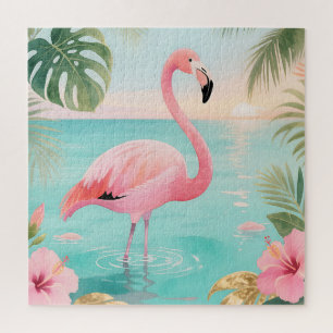 Flamingo Tropical Sunset Watercolor Jigsaw Puzzle