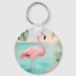 Flamingo Tropical Sunset Watercolor Key Ring