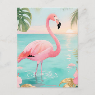 Flamingo Tropical Sunset Watercolor Postcard