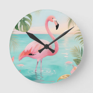 Flamingo Tropical Sunset Watercolor Round Clock