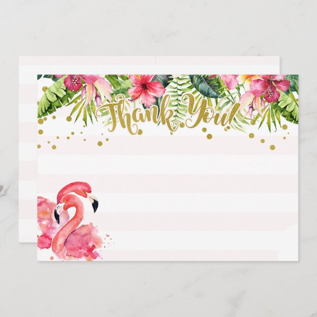 Flamingo Tropical Thank You Card Pink & Gold (Front/Back)