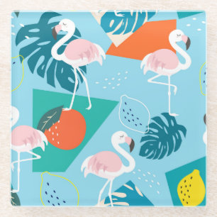 Flamingo Tropical, Trendy Vintage Pattern. Glass Coaster