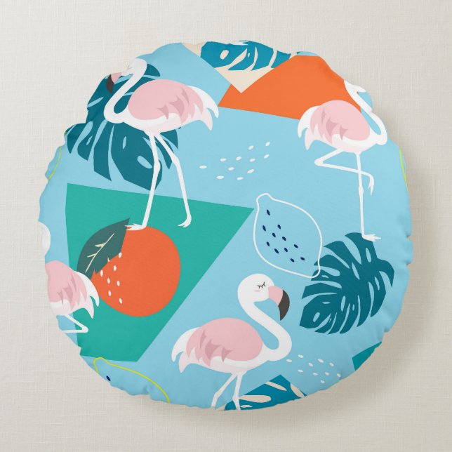 Flamingo Tropical, Trendy Vintage Pattern. Round Cushion (Front)
