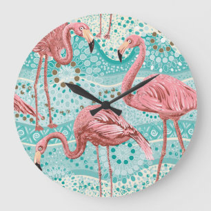 Flamingo Tropical: Vintage Floral Wallpaper Large Clock