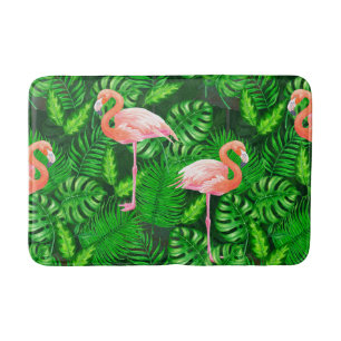 Flamingo tropical watercolor bath mat