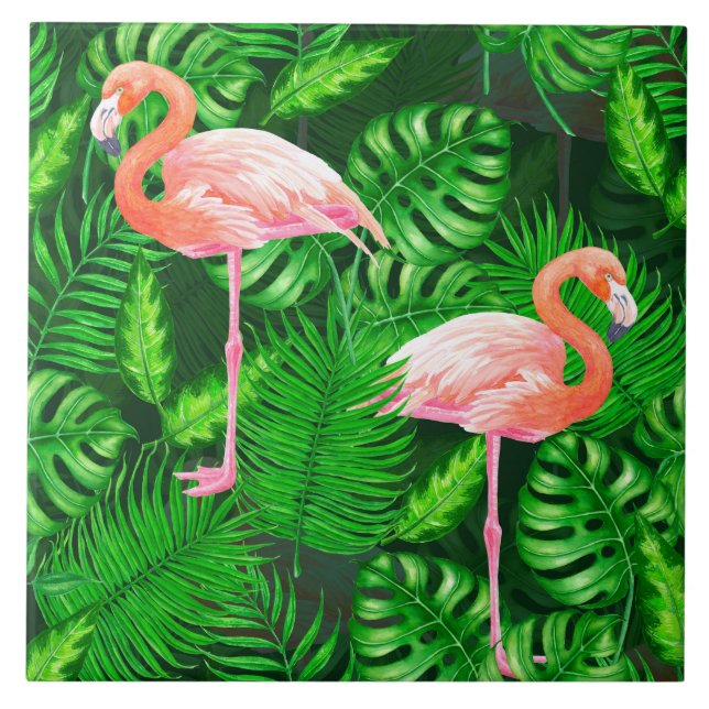 Flamingo tropical watercolor ceramic tile (Front)