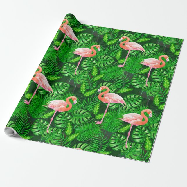 Flamingo tropical watercolor wrapping paper (Unrolled)