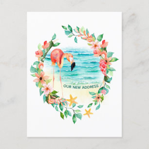 Flamingo Tropical Wreath Beach Scene New Address Announcement Postcard