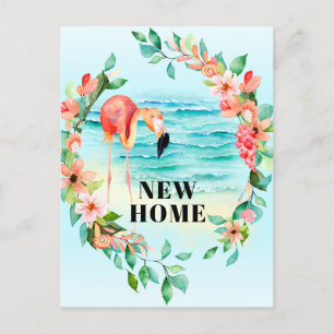 Flamingo Tropical Wreath Beach Scene New Home Announcement Postcard