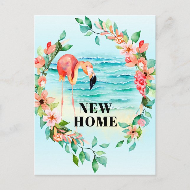 Flamingo Tropical Wreath Beach Scene New Home Announcement Postcard (Front)