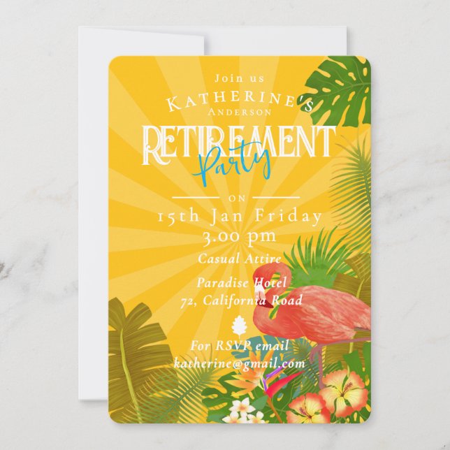 Flamingo Tropical Yellow Retirement I Invitation (Front)