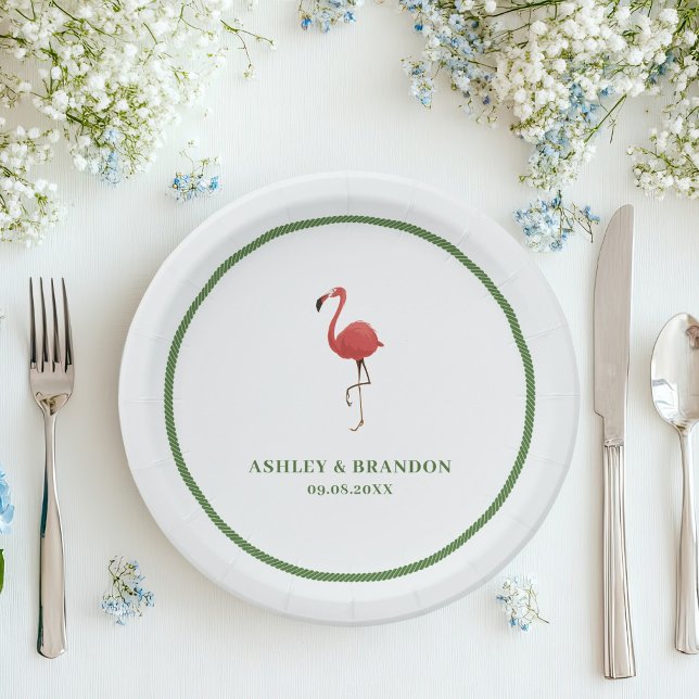 Flamingo Tropics Beach Coastal Retro Wedding Paper Plate (Creator Uploaded)