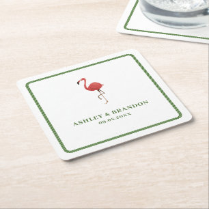 Flamingo Tropics Beach Coastal Retro Wedding Square Paper Coaster
