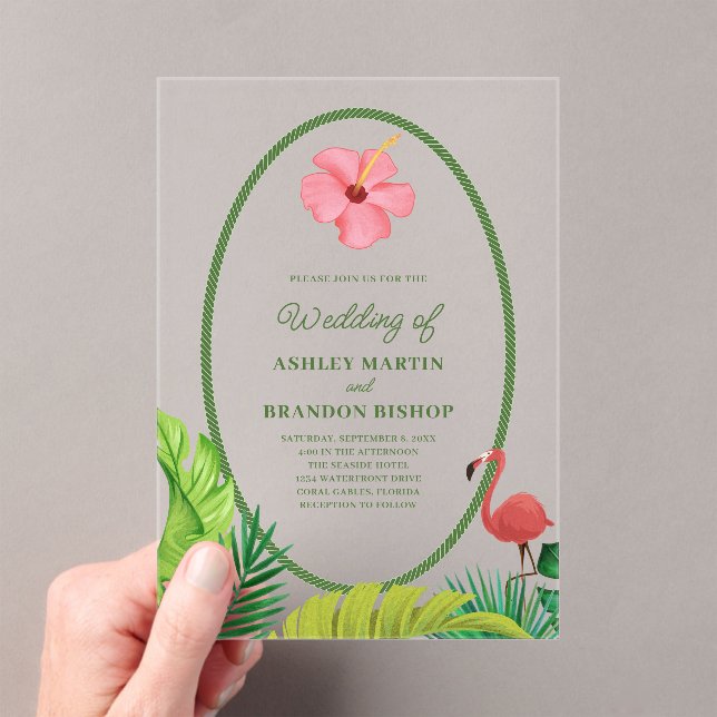 Flamingo Tropics Retro Wedding Acrylic Invitation (Insitu (Handheld))