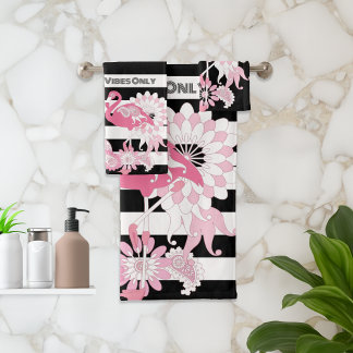 Flamingo Vibes Only Black & White Stripe Flamingo Bath Towel Set