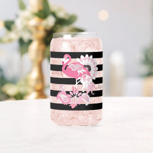 Flamingo Vibes Only Black & White Stripe Flamingo Can Glass
