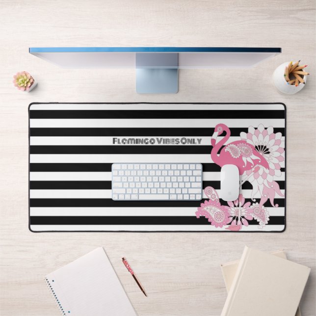 Flamingo Vibes Only Black & White Stripe Flamingo Desk Mat (Office 1)