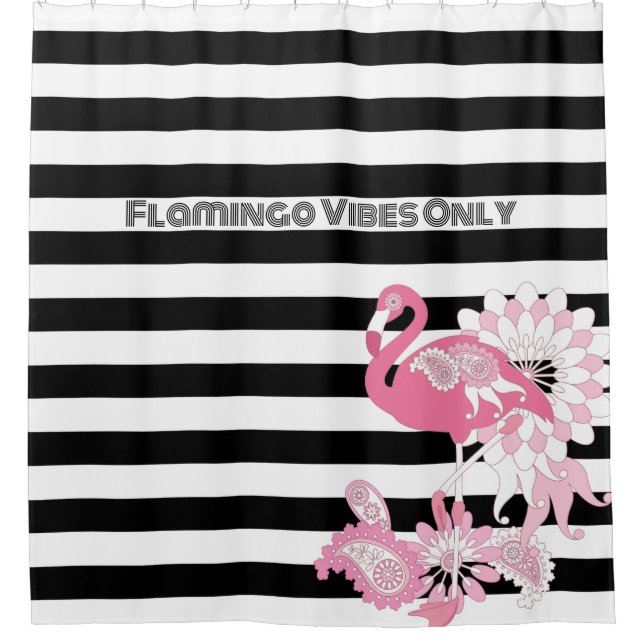 Flamingo Vibes Only Black & White Stripe Flamingo Shower Curtain (Front)