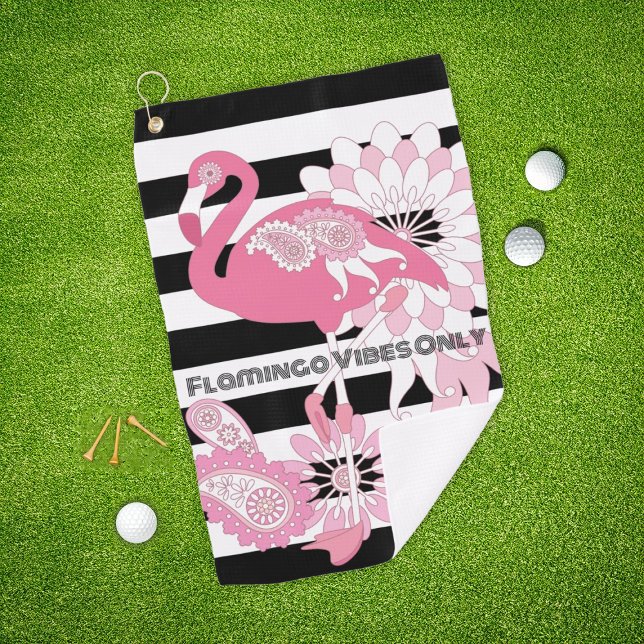 Flamingo Vibes Only Black & White Stripes Flamingo Golf Towel (Creator Uploaded)