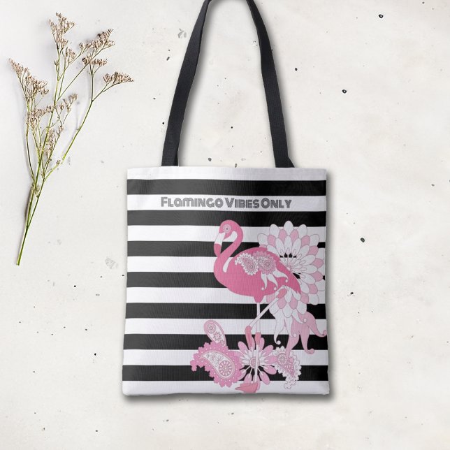 Flamingo Vibes Only Black & White Stripes Flamingo Tote Bag (Creator Uploaded)
