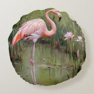 Flamingo Water Lilies And Reeds Oil Painting, Round Cushion
